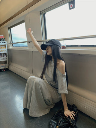 Gray Shoulder Top with Skirt