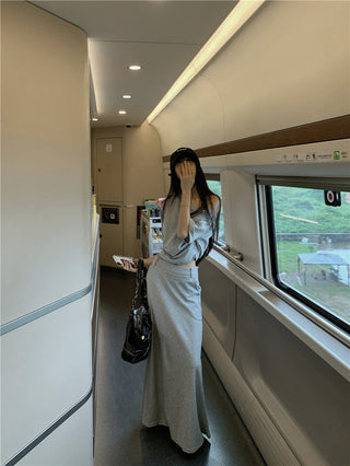 Gray Shoulder Top with Skirt