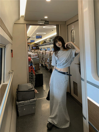 Gray Shoulder Top with Skirt