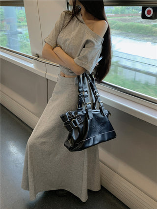 Gray Shoulder Top with Skirt