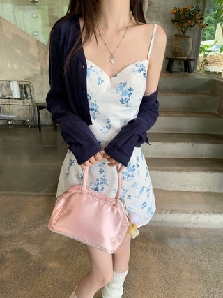 Blue Cardigan with Floral Dress