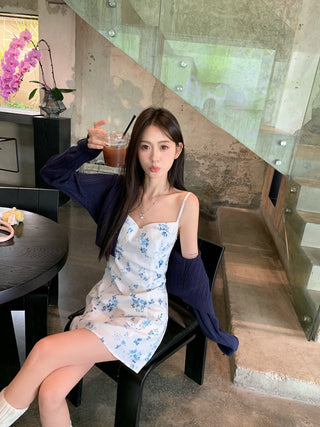 Blue Cardigan with Floral Dress
