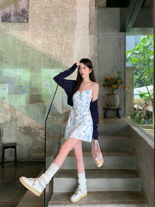 Blue Cardigan with Floral Dress