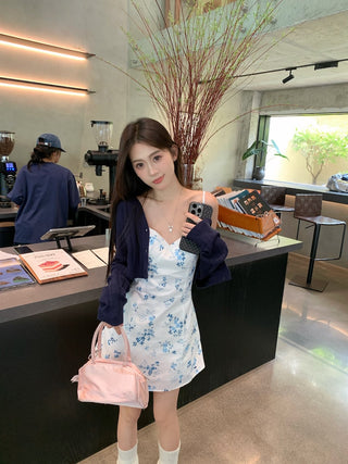 Blue Cardigan with Floral Dress