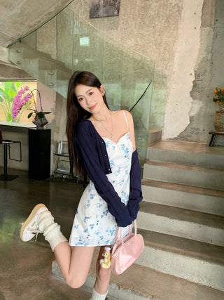 Blue Cardigan with Floral Dress