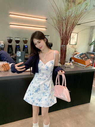 Blue Cardigan with Floral Dress