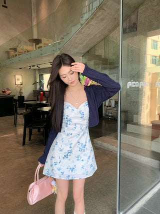 Blue Cardigan with Floral Dress