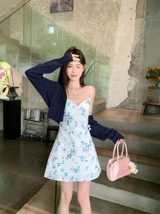 Blue Cardigan with Floral Dress