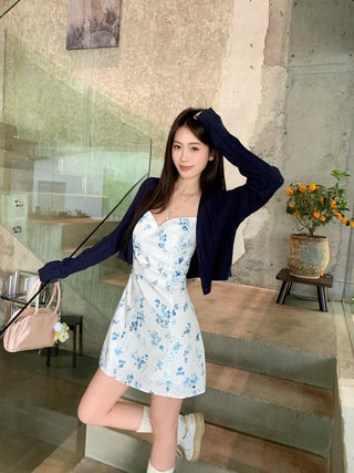 Blue Cardigan with Floral Dress