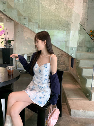Blue Cardigan with Floral Dress