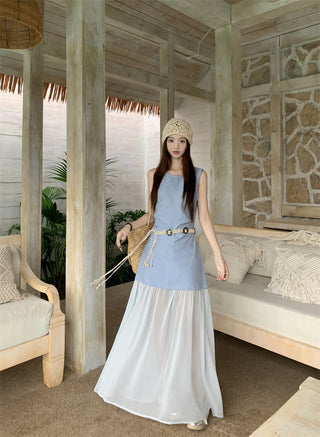 Sleeveless U-Collar Dress with Mesh Skirt