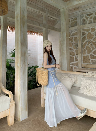 Sleeveless U-Collar Dress with Mesh Skirt