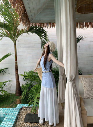 Sleeveless U-Collar Dress with Mesh Skirt