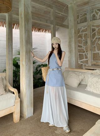 Sleeveless U-Collar Dress with Mesh Skirt