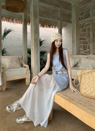 Sleeveless U-Collar Dress with Mesh Skirt