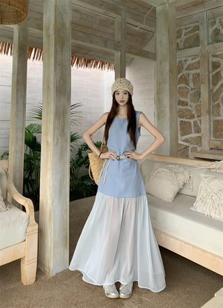 Sleeveless U-Collar Dress with Mesh Skirt