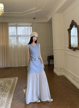 Sleeveless U-Collar Dress with Mesh Skirt