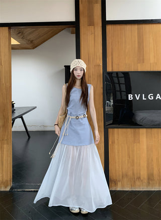 Sleeveless U-Collar Dress with Mesh Skirt