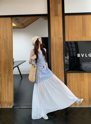 Sleeveless U-Collar Dress with Mesh Skirt