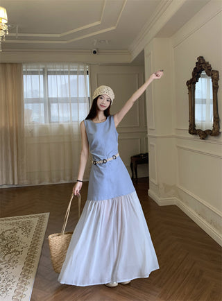 Sleeveless U-Collar Dress with Mesh Skirt