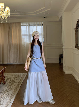 Sleeveless U-Collar Dress with Mesh Skirt