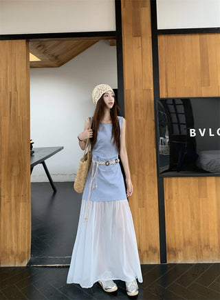 Sleeveless U-Collar Dress with Mesh Skirt