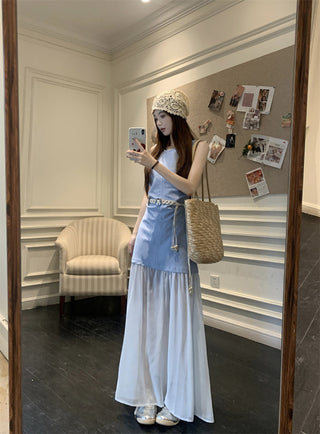 Sleeveless U-Collar Dress with Mesh Skirt