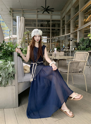 Sleeveless U-Collar Dress with Mesh Skirt