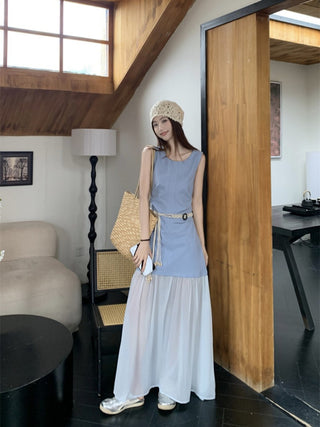 Sleeveless U-Collar Dress with Mesh Skirt