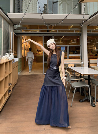 Sleeveless U-Collar Dress with Mesh Skirt