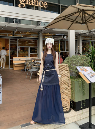 Sleeveless U-Collar Dress with Mesh Skirt