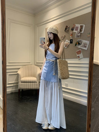 Sleeveless U-Collar Dress with Mesh Skirt