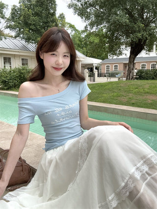 Letter Print Blue Top with Skirt