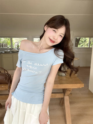 Letter Print Blue Top with Skirt