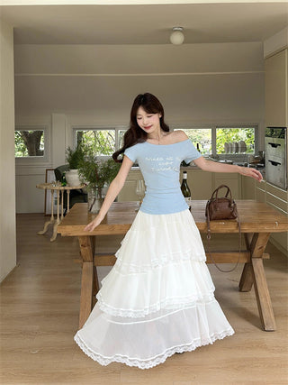 Letter Print Blue Top with Skirt