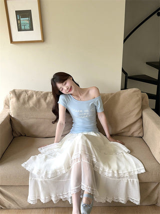 Letter Print Blue Top with Skirt