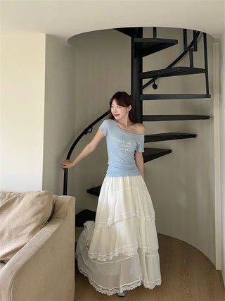 Letter Print Blue Top with Skirt