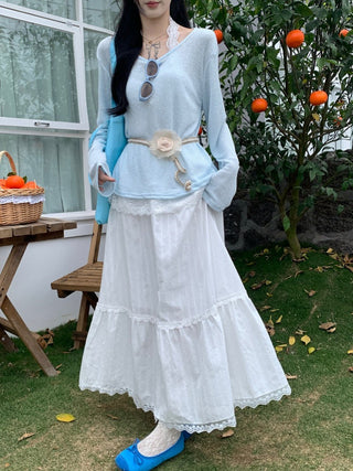 Blue Long Sleeve Top with Lace Skirt