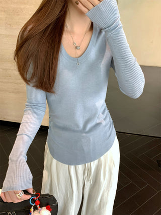 Pleated Knitted Long Sleeve Top