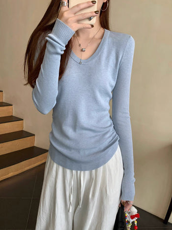 Pleated Knitted Long Sleeve Top