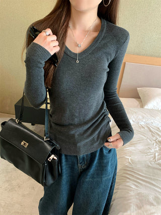 Pleated Knitted Long Sleeve Top