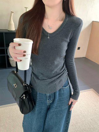 Pleated Knitted Long Sleeve Top