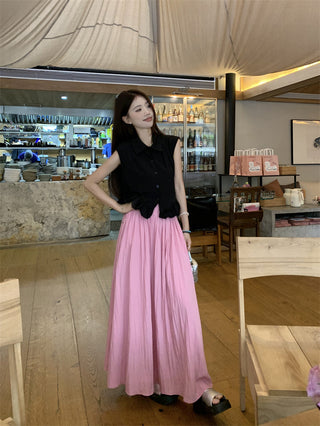 Polo Collar Sleeveless Shirt with Pink Skirt