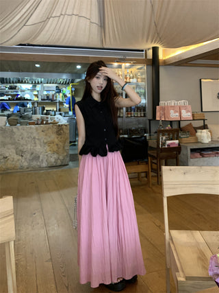 Polo Collar Sleeveless Shirt with Pink Skirt