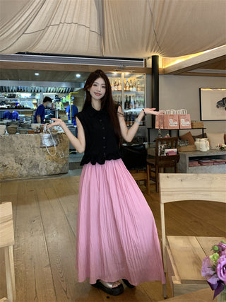 Polo Collar Sleeveless Shirt with Pink Skirt