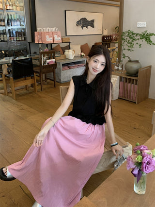 Polo Collar Sleeveless Shirt with Pink Skirt
