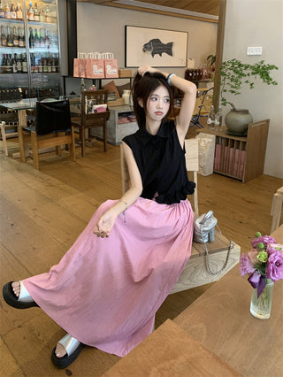 Polo Collar Sleeveless Shirt with Pink Skirt
