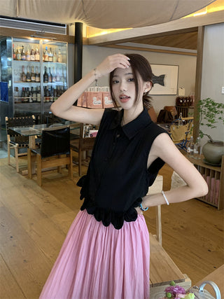 Polo Collar Sleeveless Shirt with Pink Skirt