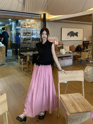 Polo Collar Sleeveless Shirt with Pink Skirt