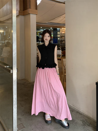 Polo Collar Sleeveless Shirt with Pink Skirt